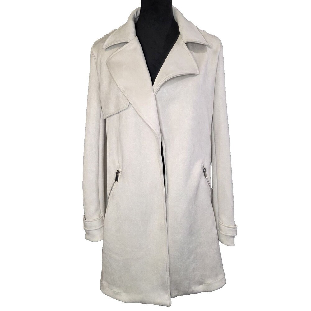 Magaschoni Women's Faux Suede Trench Coat Beige Draped Collar Zipper Pockets Med
